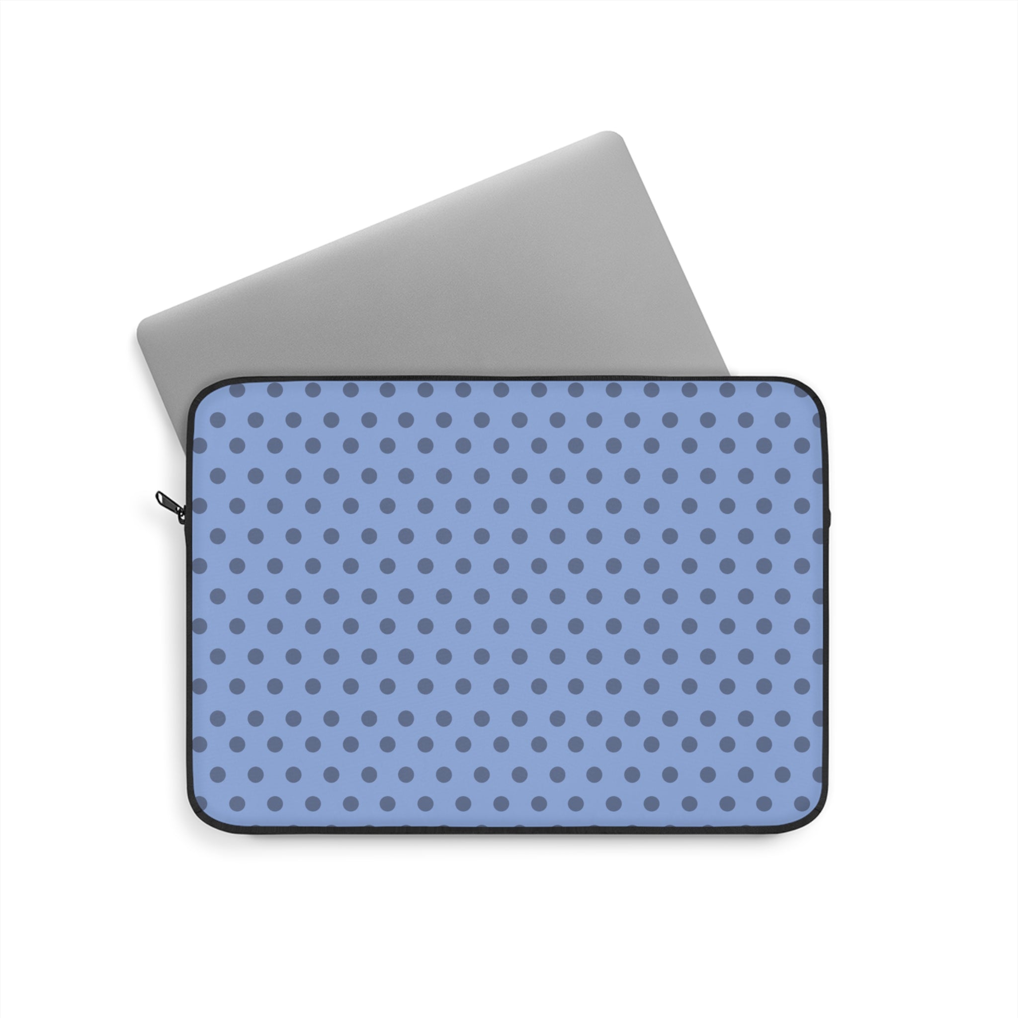 Neoprene tablet sleeve with blue polka dot pattern and zipper, black trim