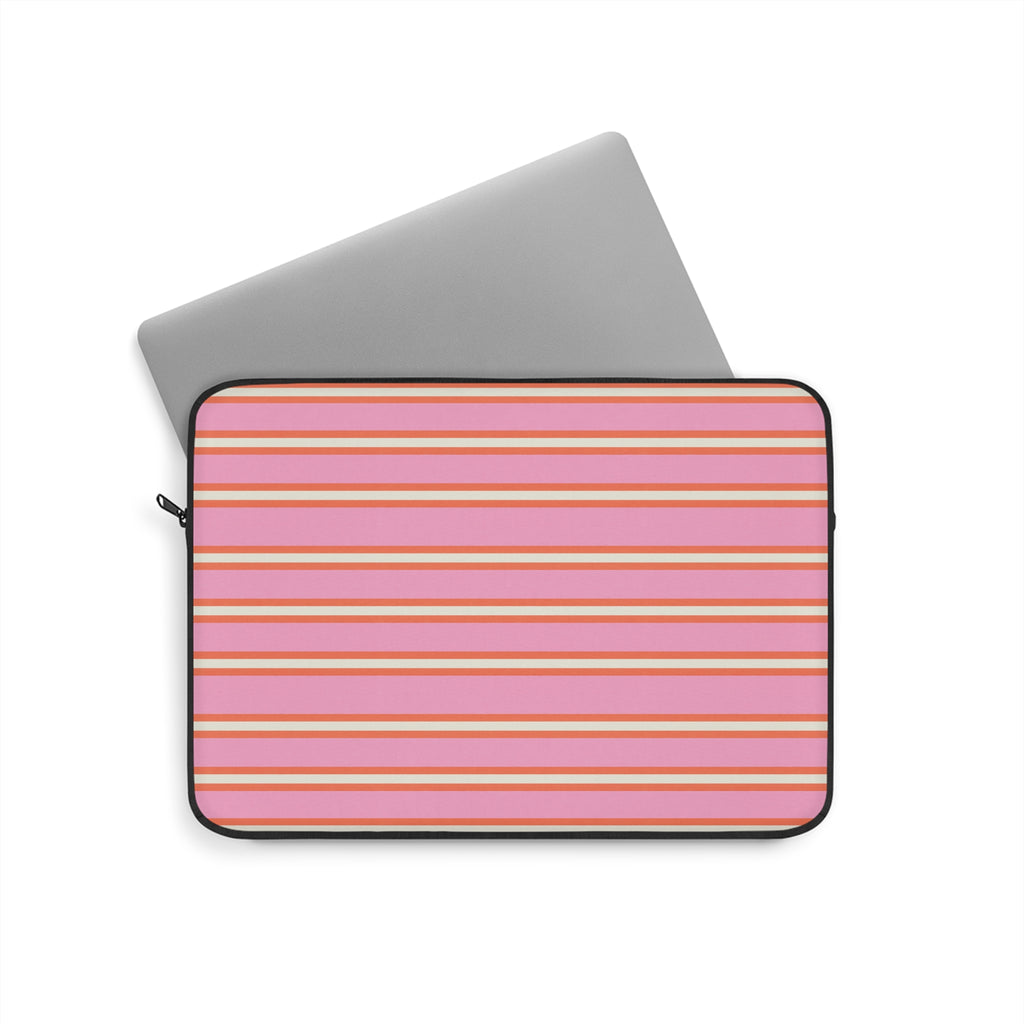 Striped tablet and laptop sleeve with pink and orange horizontal stripes, black zipper