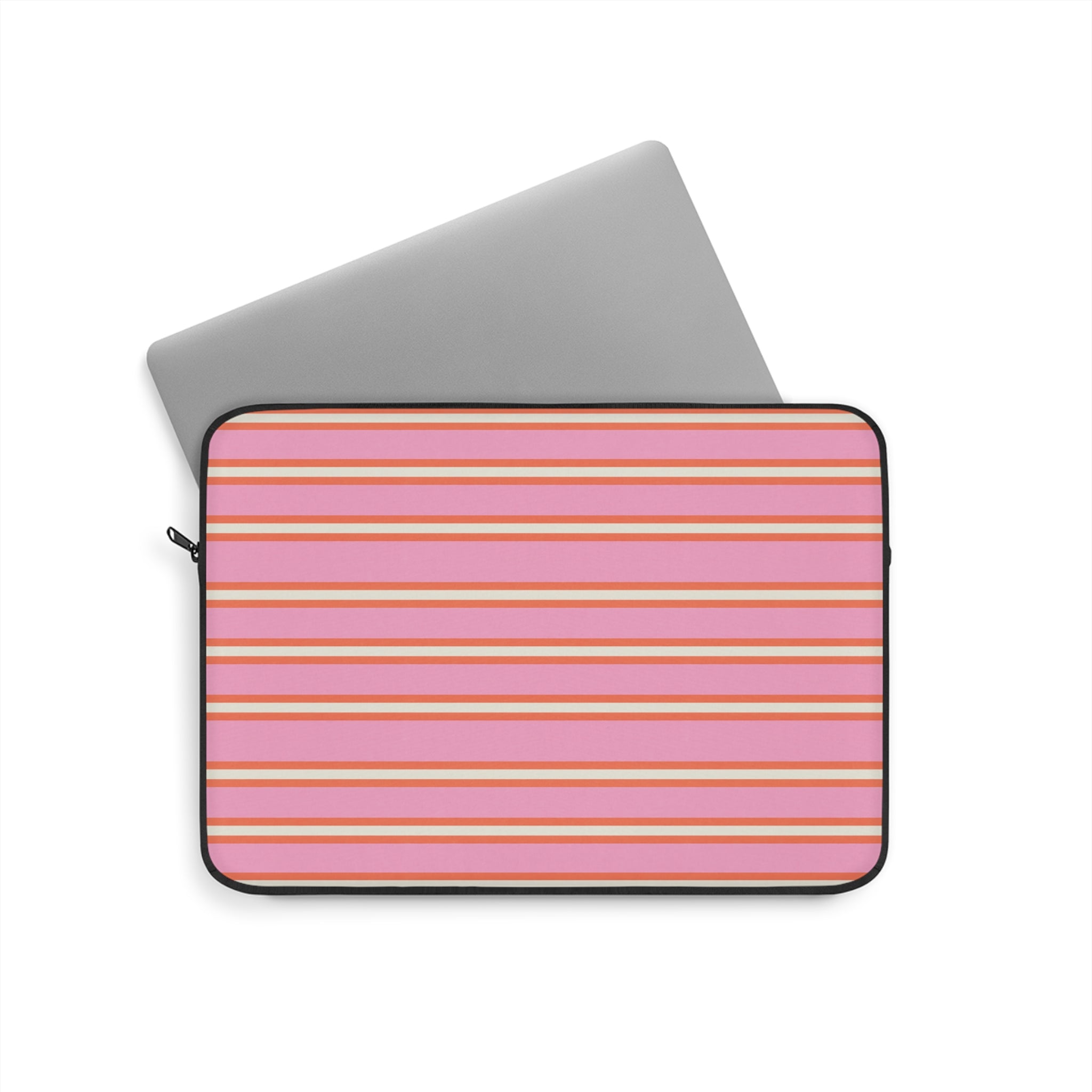 Striped tablet and laptop sleeve with pink and orange horizontal stripes, black zipper