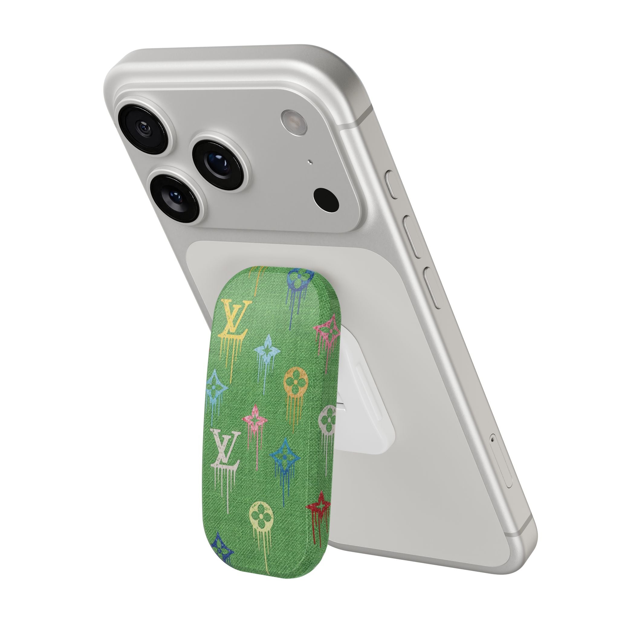 Green grip case on light gray phone, showing colorful LV monogram watercolor print