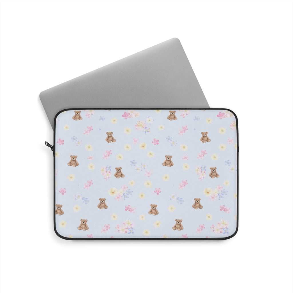BLUEBELL BEARS tablet sleeve, light blue with teddy bear and floral pattern, zip edge.