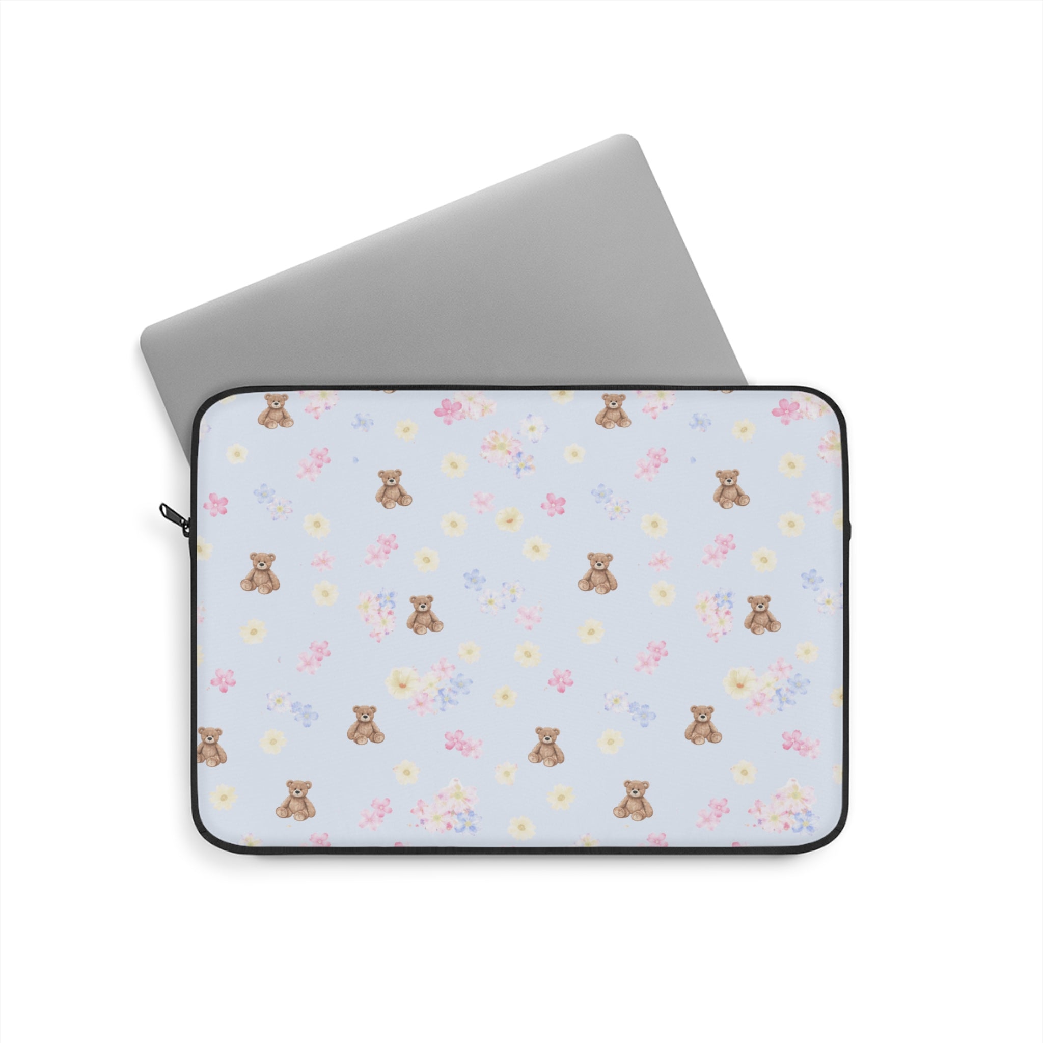 BLUEBELL BEARS tablet sleeve, light blue with teddy bear and floral pattern, zip edge.