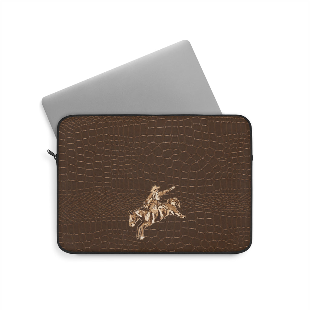 Brown croc-pattern cowboy tablet/laptop sleeve with zipper, shown with grey device
