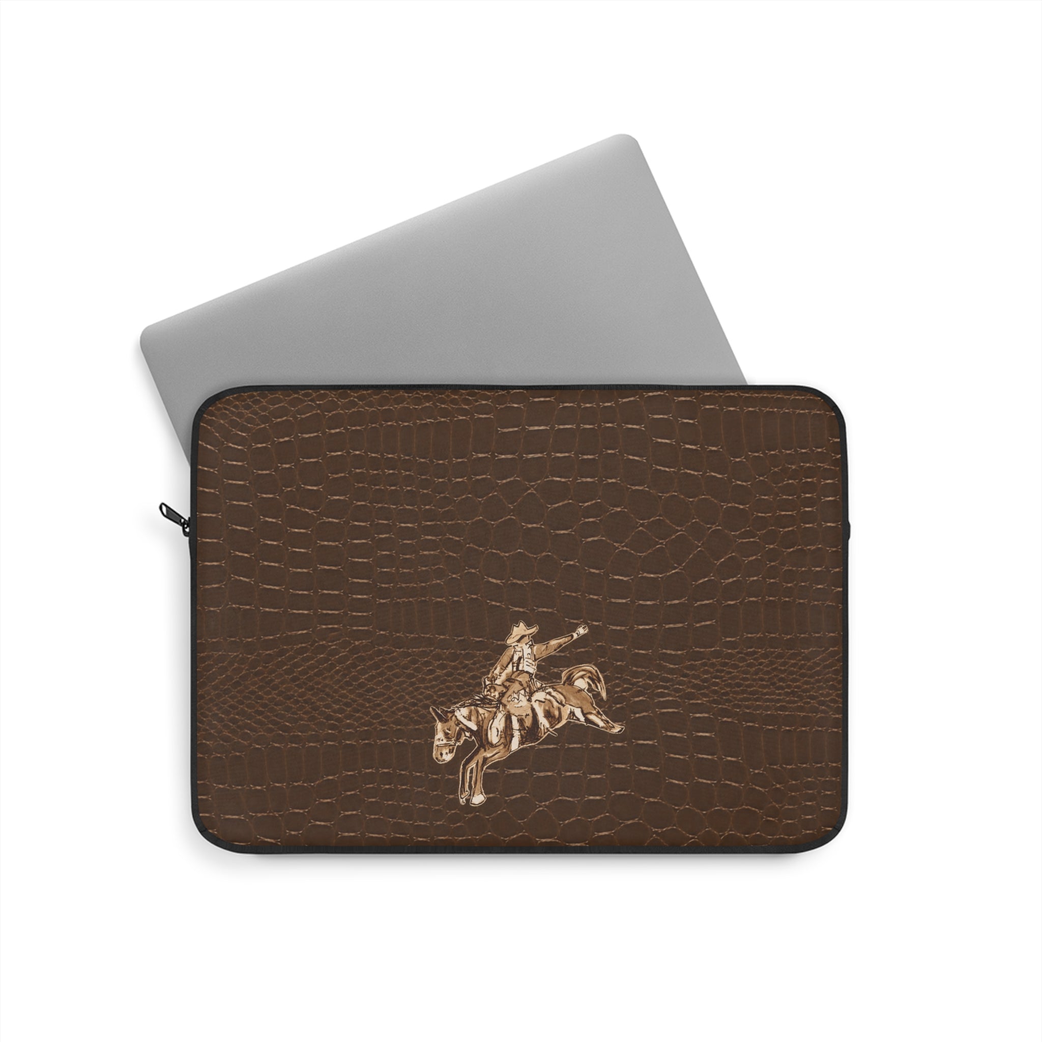 Brown croc-pattern cowboy tablet/laptop sleeve with zipper, shown with grey device