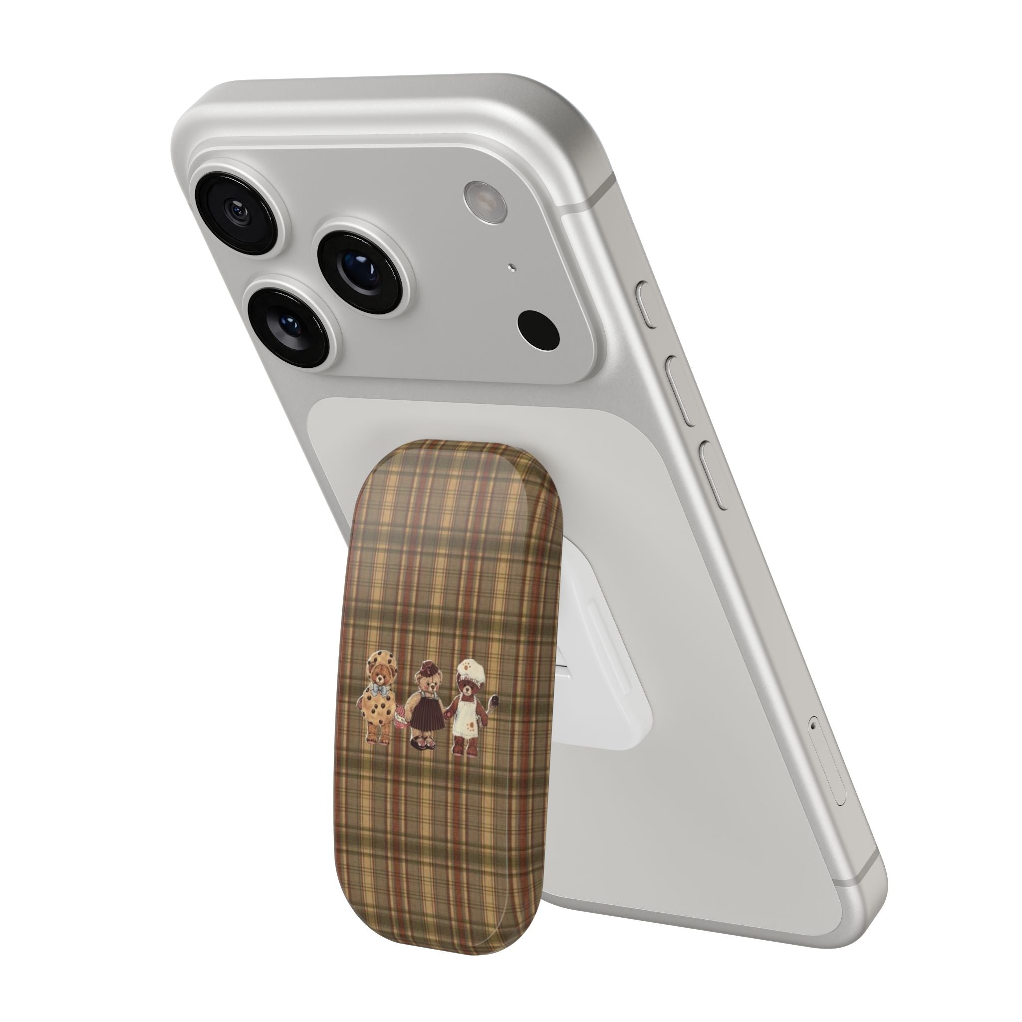 Plaid phone grip accessory patch with three teddy bears on a plaid backing