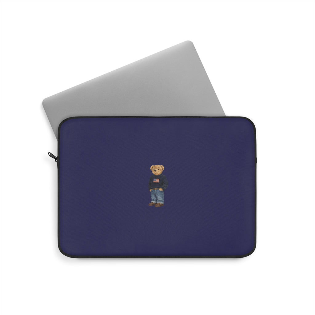 Navy neoprene device sleeve with teddy bear applique and side zipper