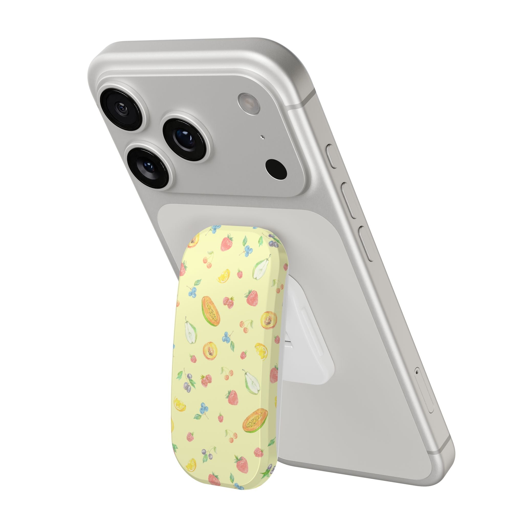 Phone case with yellow fruit-patterned grip stand, clear back and camera cutouts