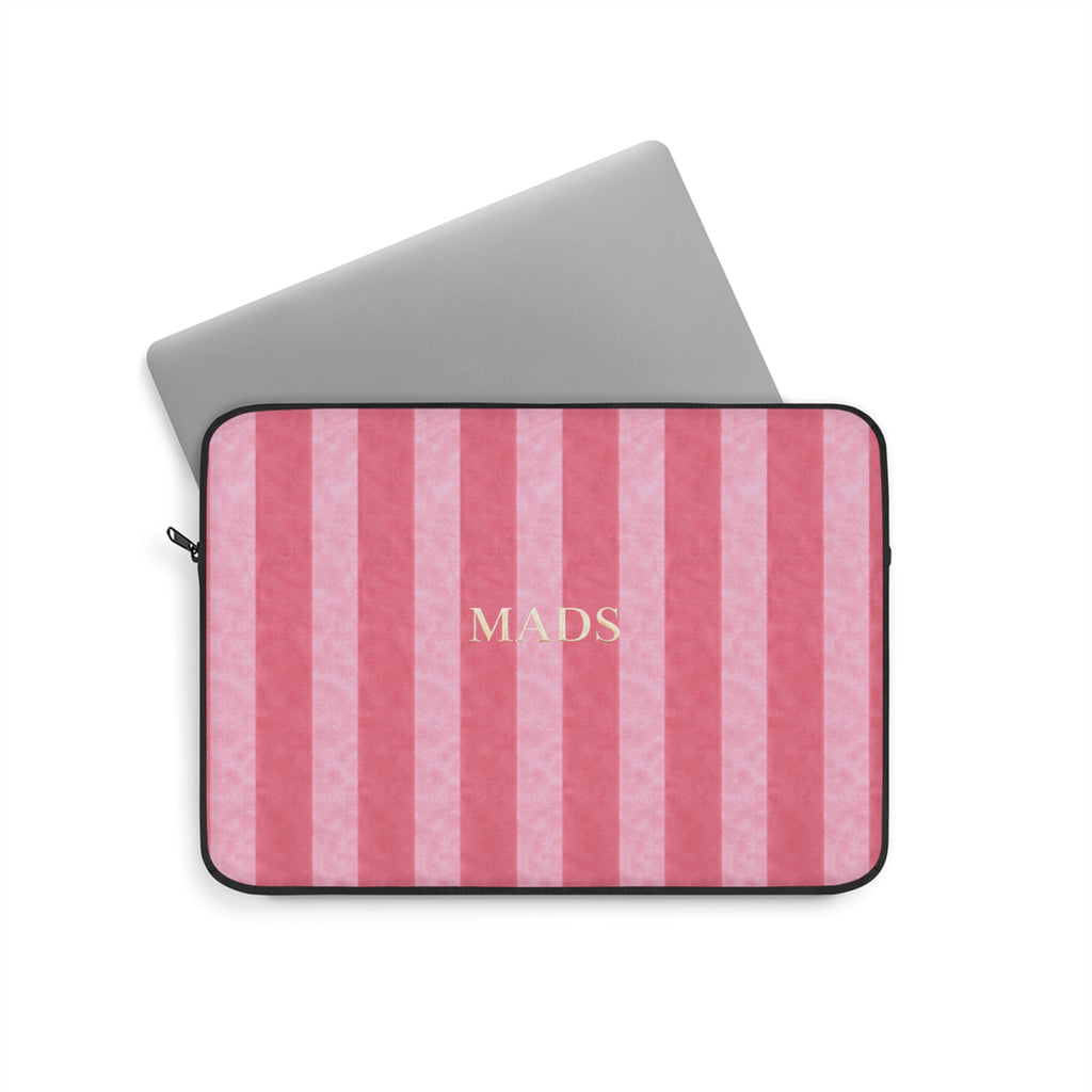 Neoprene device sleeve with pink vertical stripes, 'MADS' text center, zip closure