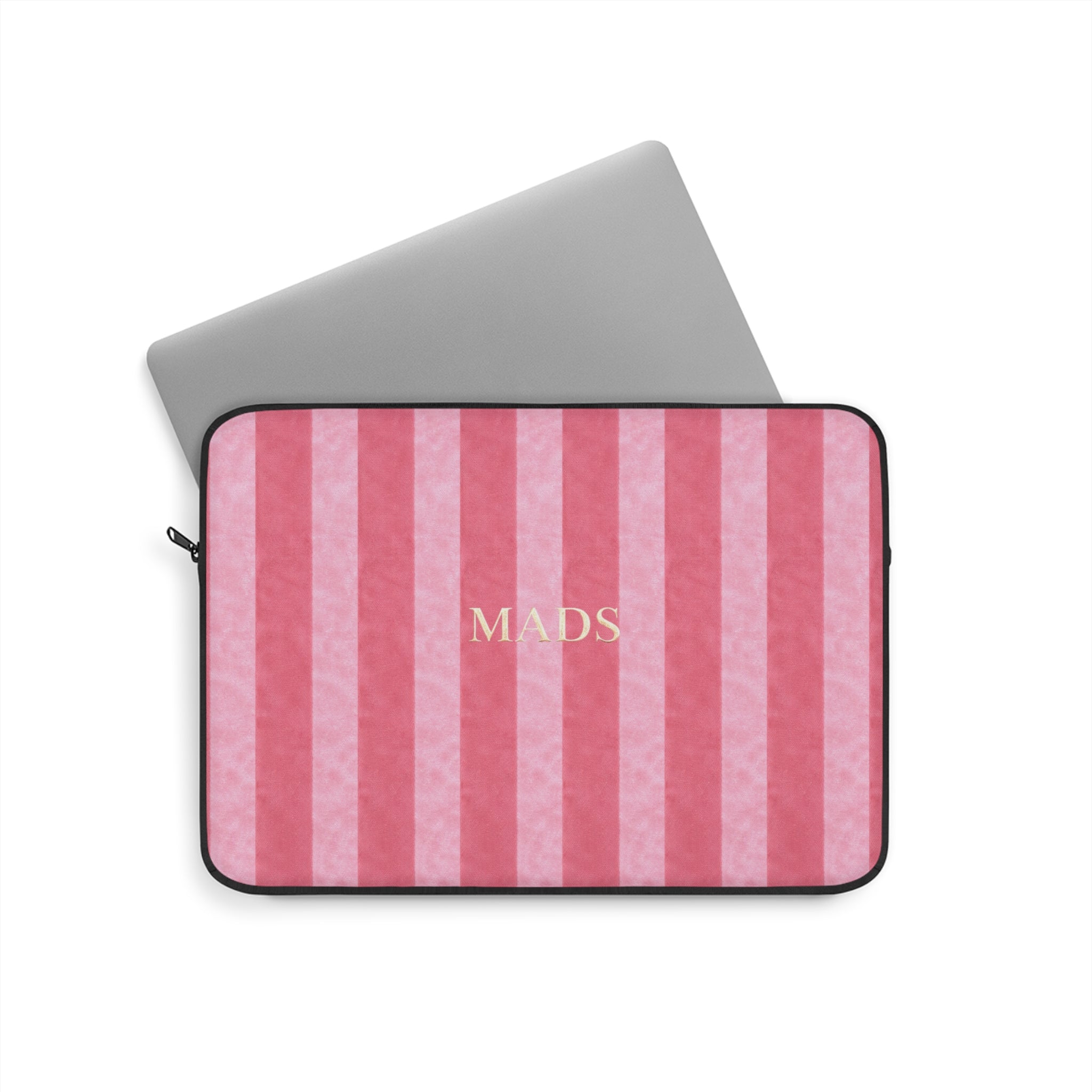 Neoprene device sleeve with pink vertical stripes, 'MADS' text center, zip closure