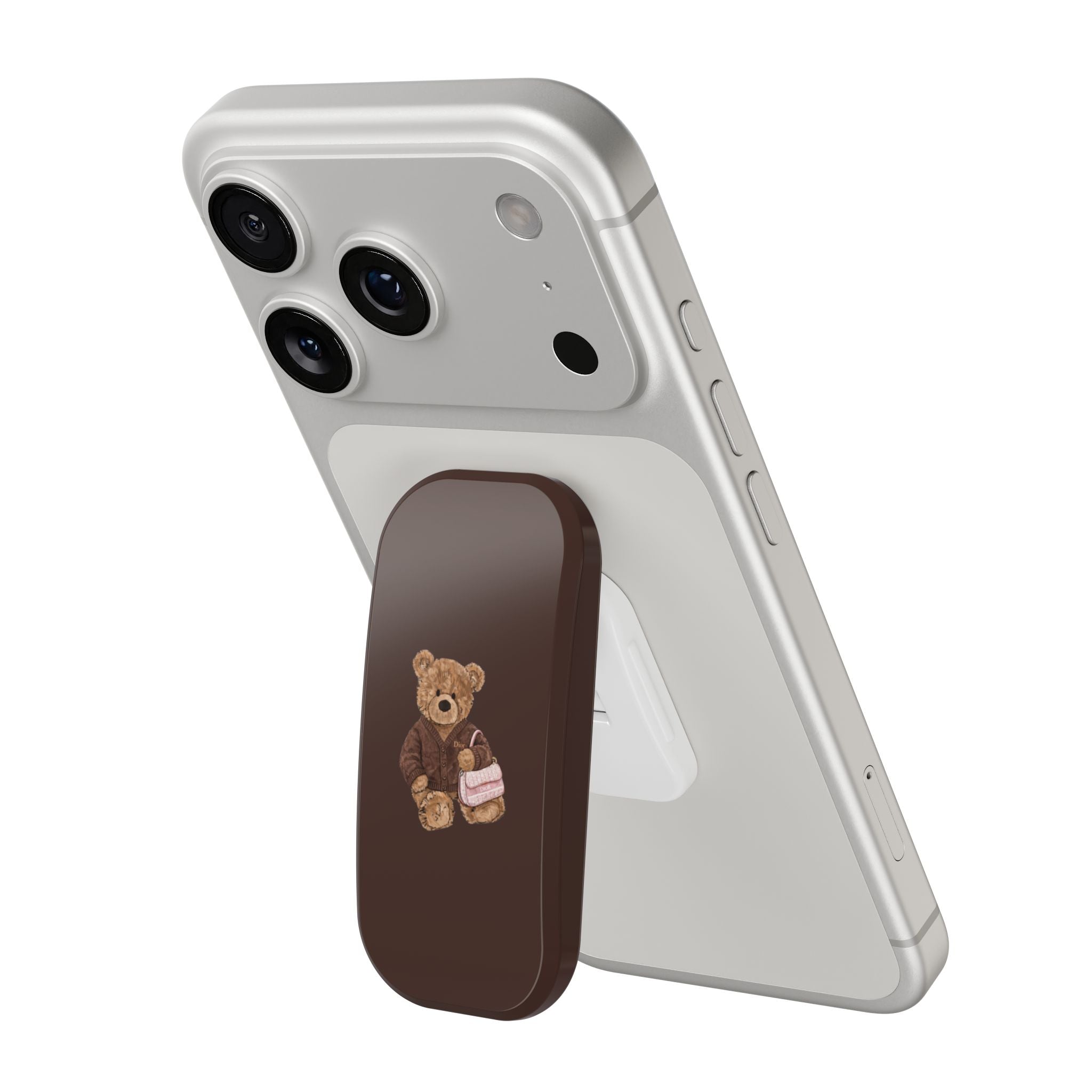 Silver phone case with brown grip and teddy bear patch