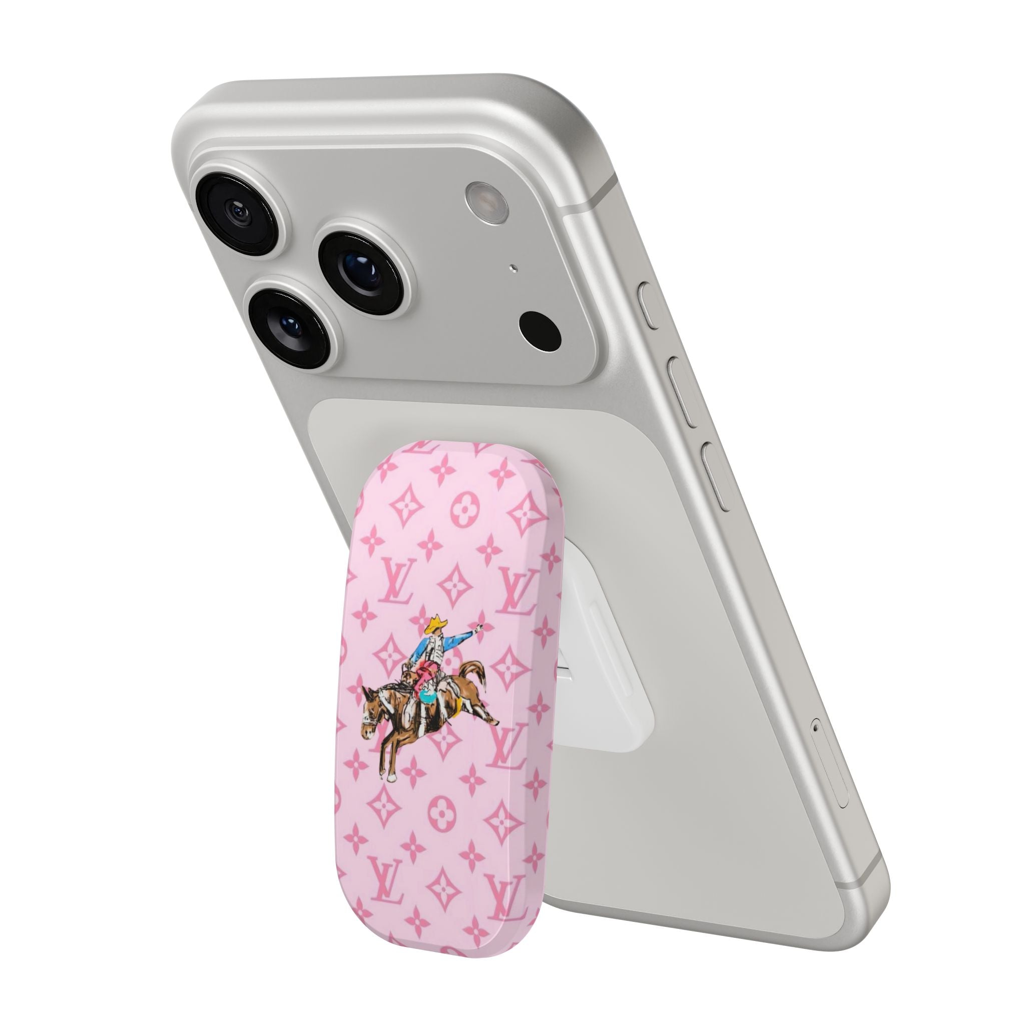 Phone case with pink LV-pattern phone grip showing cowboy on horseback