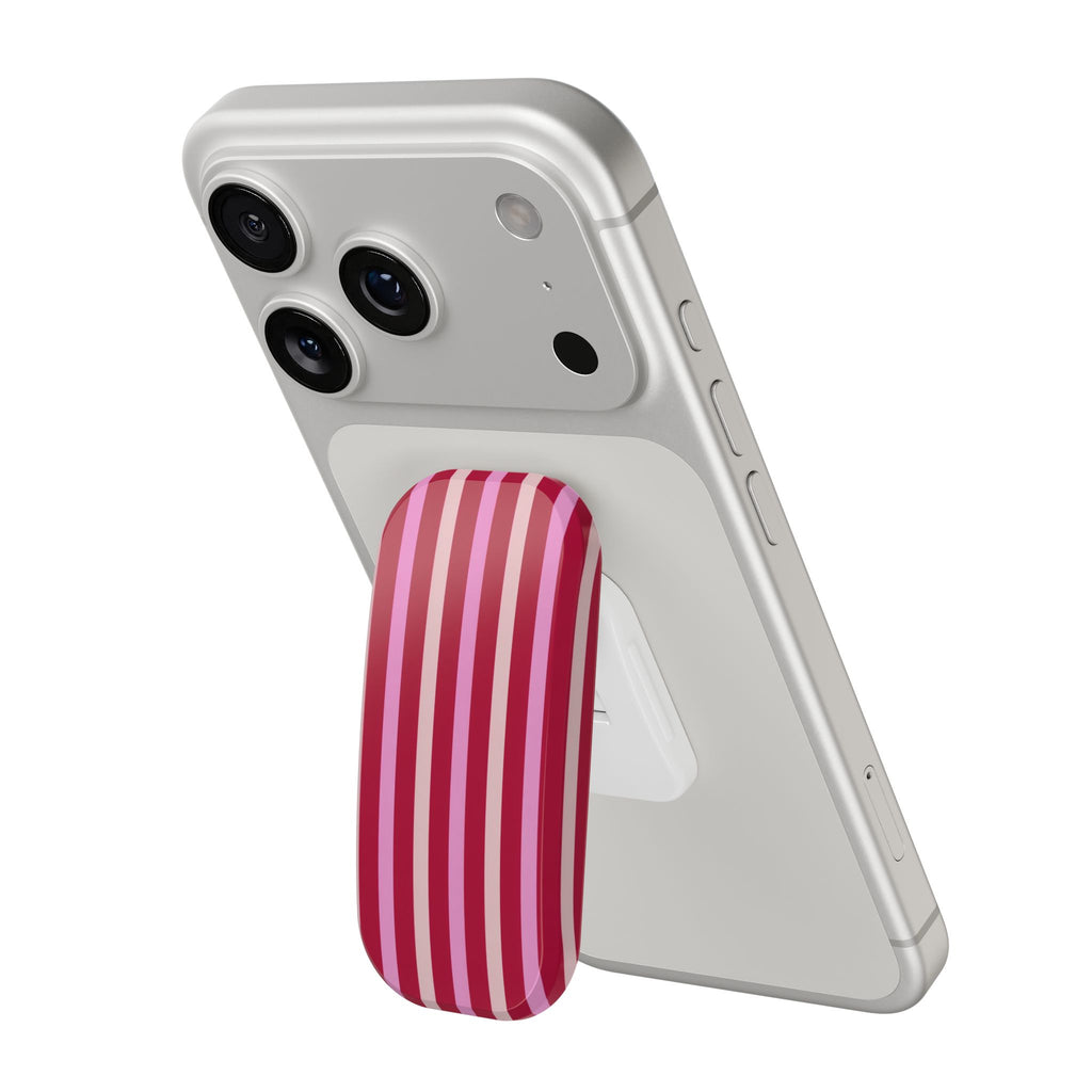 Phone case with attached handsfree grip, vertical pink and white stripes