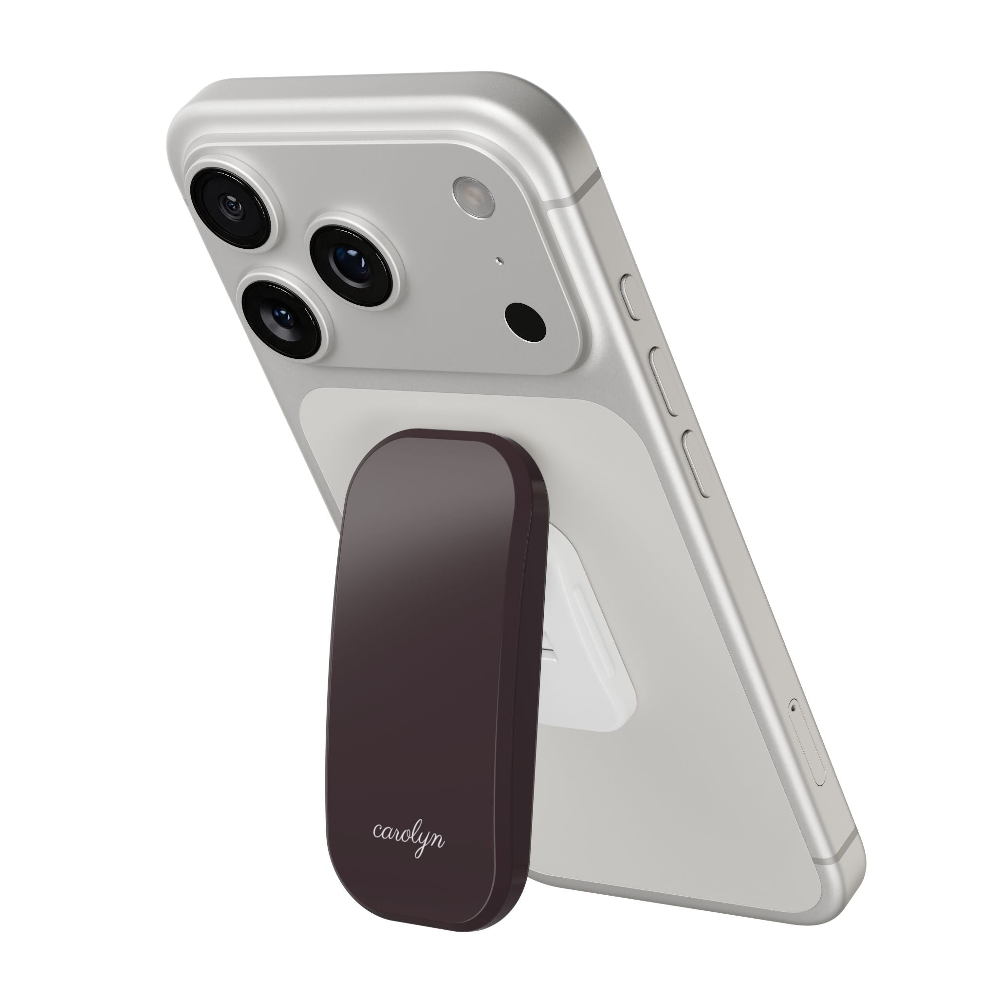 Phone case with plum handsfree grip and personalized name carolyn