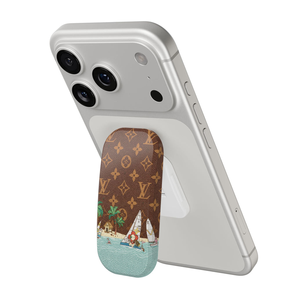 Phone case with brown grip holder, LV-style monogram and seaside scene