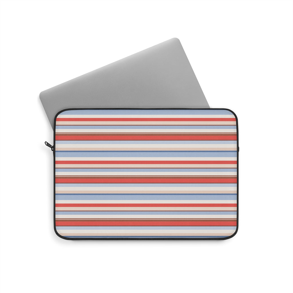 Neoprene device sleeve with red, white, and blue horizontal stripes and black zipper edge