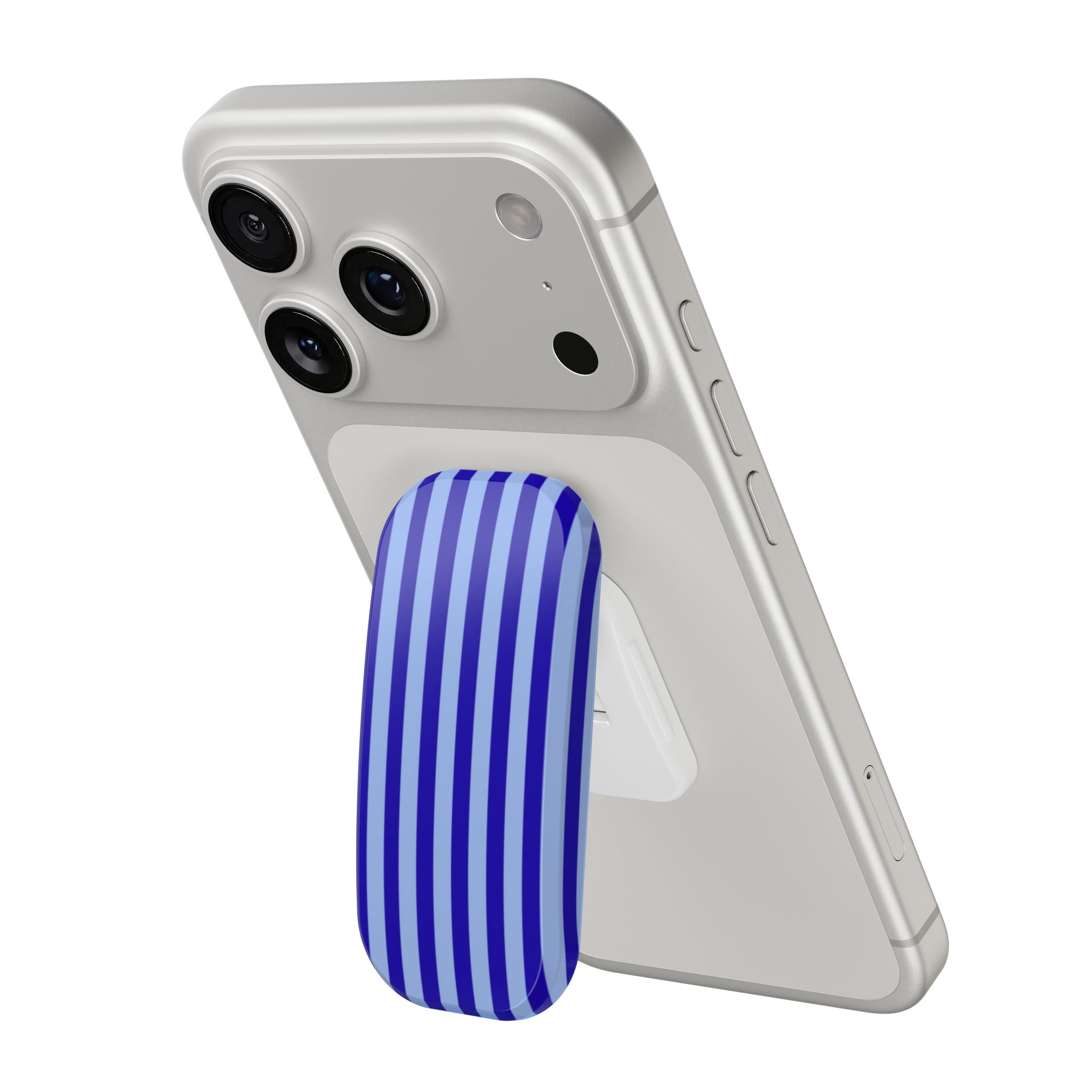 Phone case with vertical blue and purple striped hands-free grip