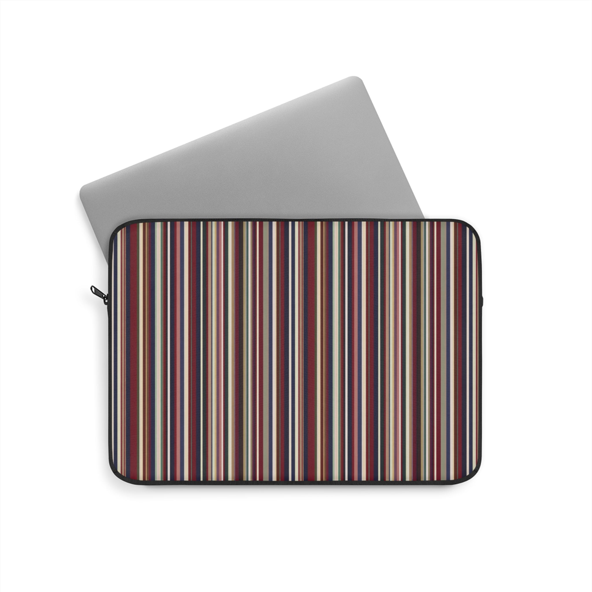 Neoprene laptop sleeve with vertical stripe panel and black zipper trim