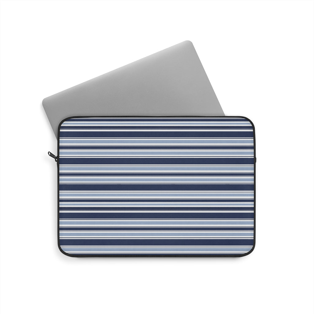 Neoprene sleeve with navy-and-white stripes, holding a gray device, black zipper