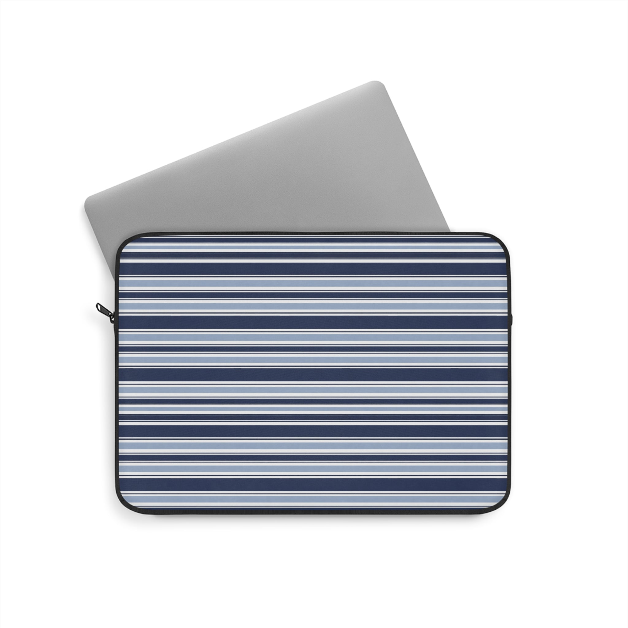 Neoprene sleeve with navy-and-white stripes, holding a gray device, black zipper