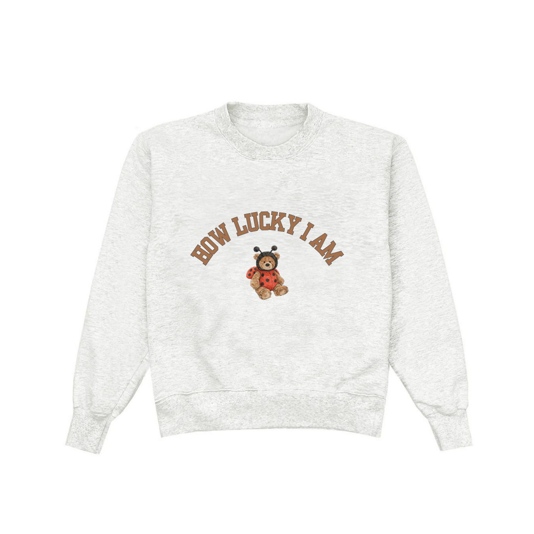 HOW LUCKY I AM LADYBUG BEAR GRAY COZY CREWNECK