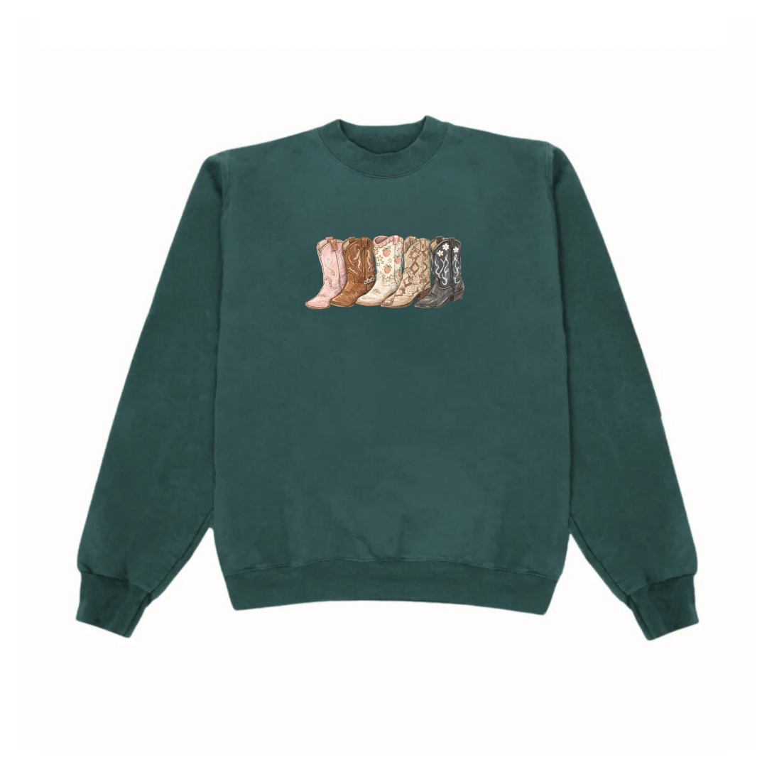 GREEN COWGIRL BOOTS COZY CLUB CREWNECK