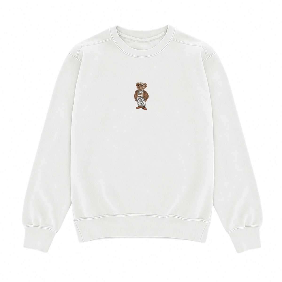 THE EMBROIDERED MINI TEDDY BEAR WHITE CREWNECK SWEATSHIRT