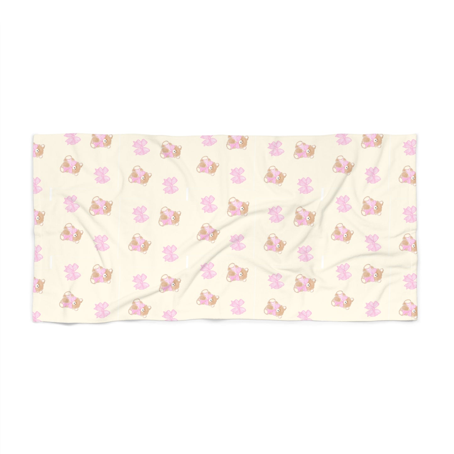 BEIGE TEDDY BEAR PINK BOW BEACH TOWEL