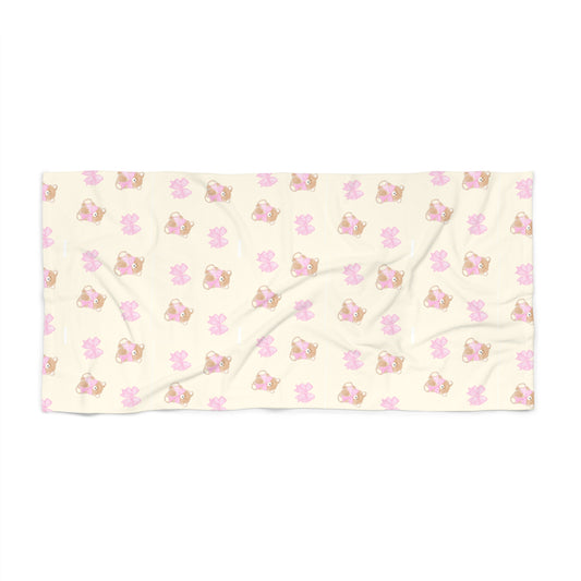 BEIGE TEDDY BEAR PINK BOW BEACH TOWEL