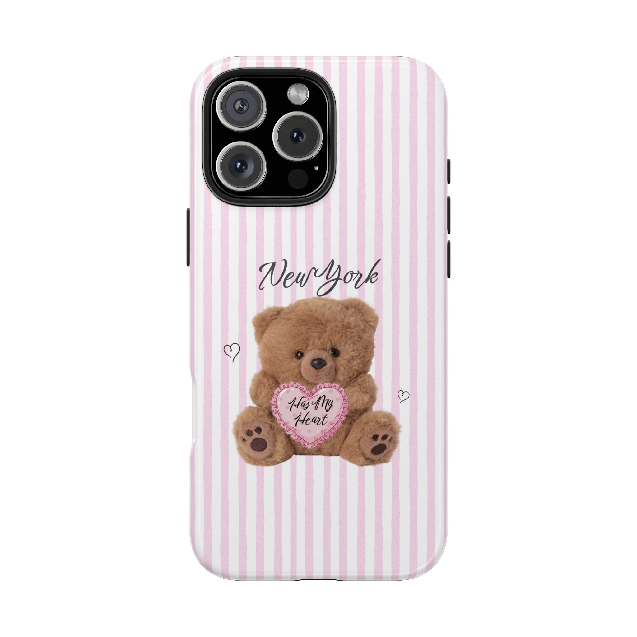 NEW YORK HAS MY HEART TEDDY BEAR PINK STRIPES PHONE CASE