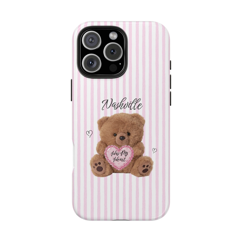 NASHVILLE HAS MY HEART TEDDY BEAR PINK STRIPES PHONE CASE
