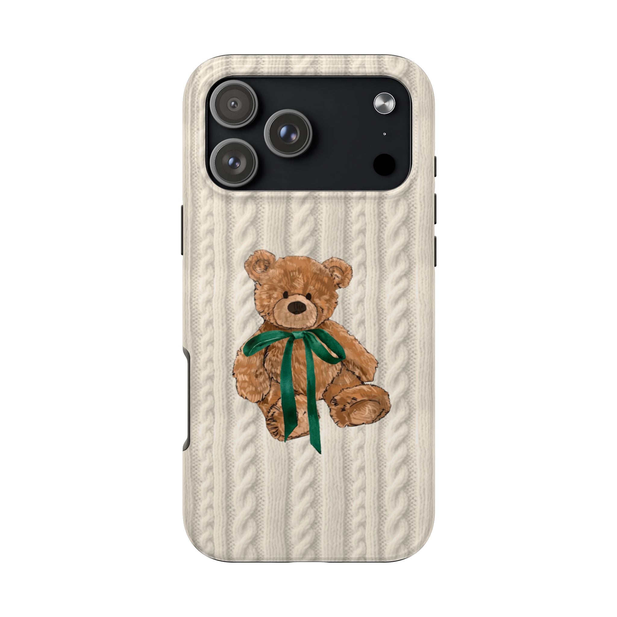 BEIGE KNIT SWEATER BOW TEDDY BEAR PHONE CASE
