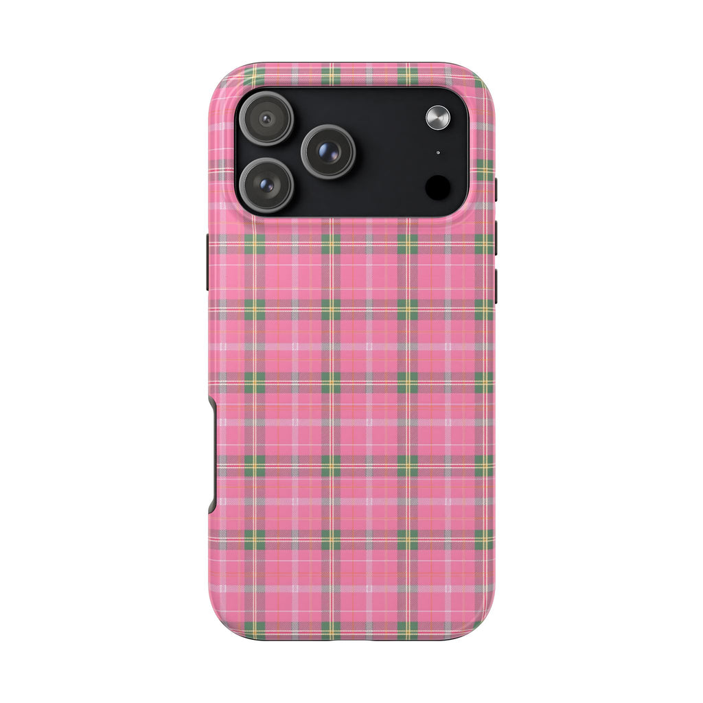 Pink and green plaid phone case with cutouts around the camera and flashlight