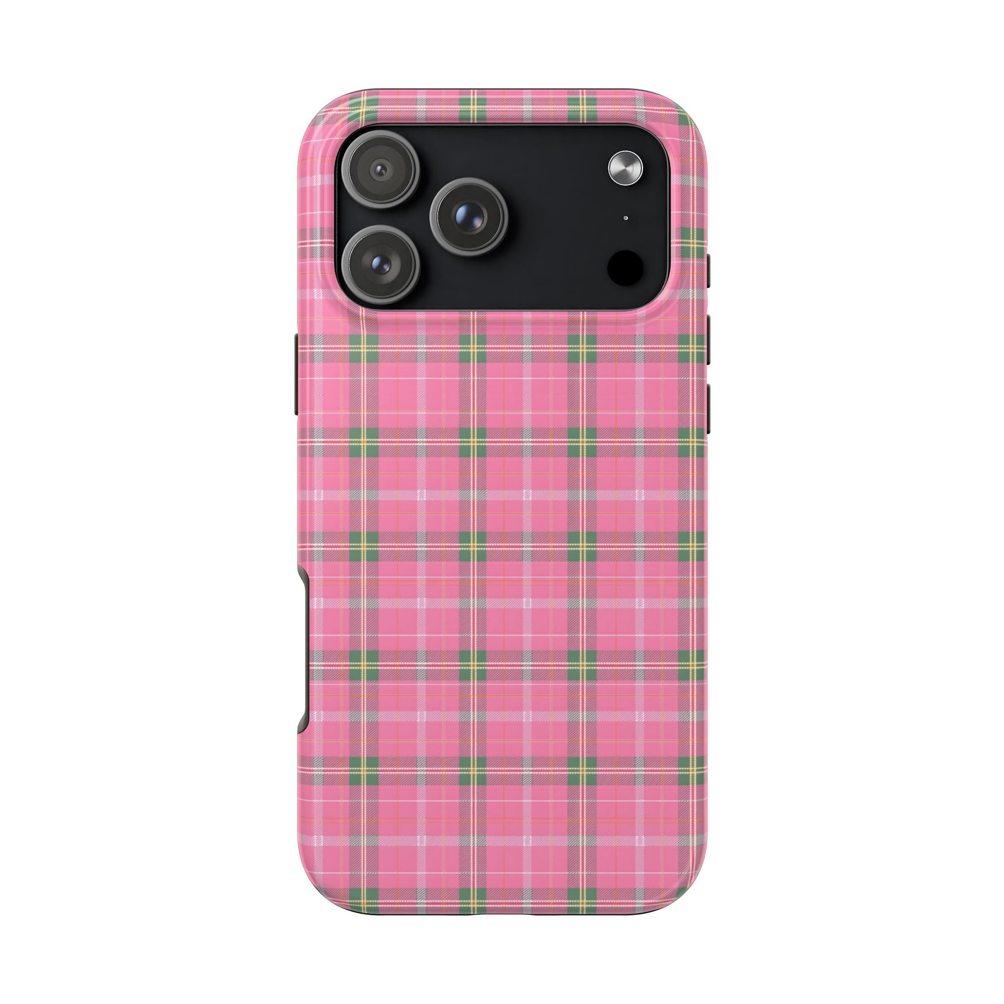 Pink and green plaid phone case with cutouts around the camera and flashlight