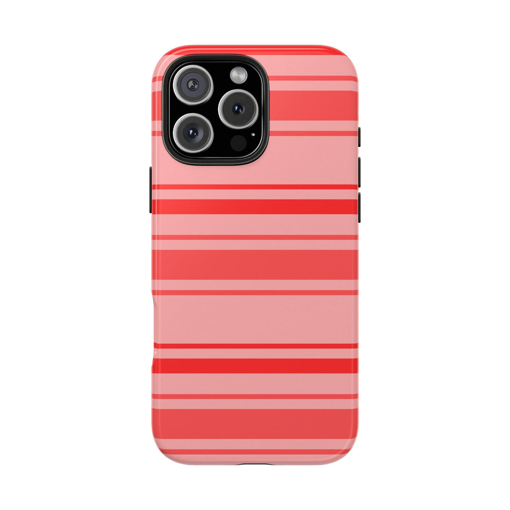 Coral stripe phone case with glossy top, horizontal red and pink bands