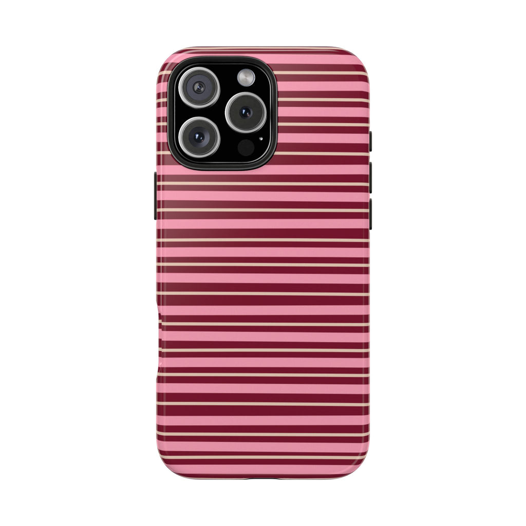 Pink striped phone case with horizontal candy stripes and black camera cutout