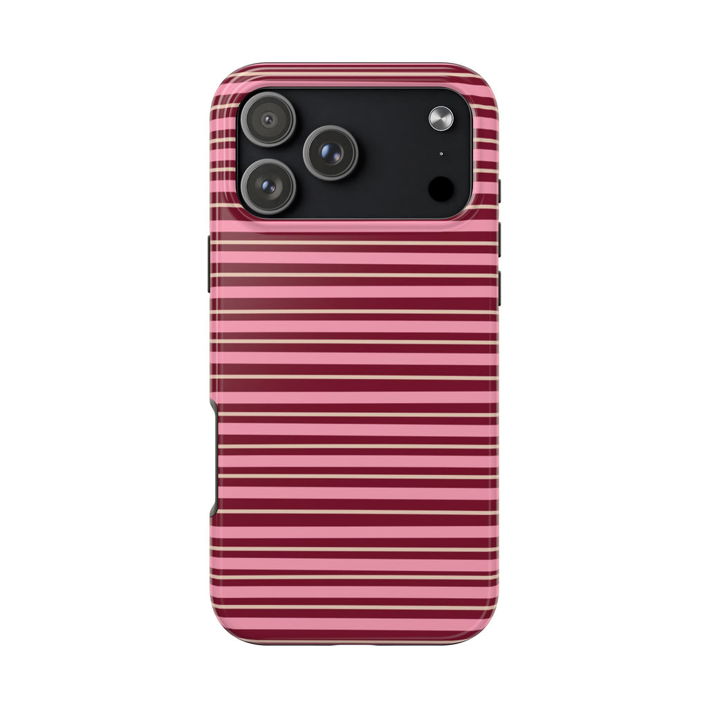 Galentine Stripes phone case with pink and white horizontal stripes, camera cutout
