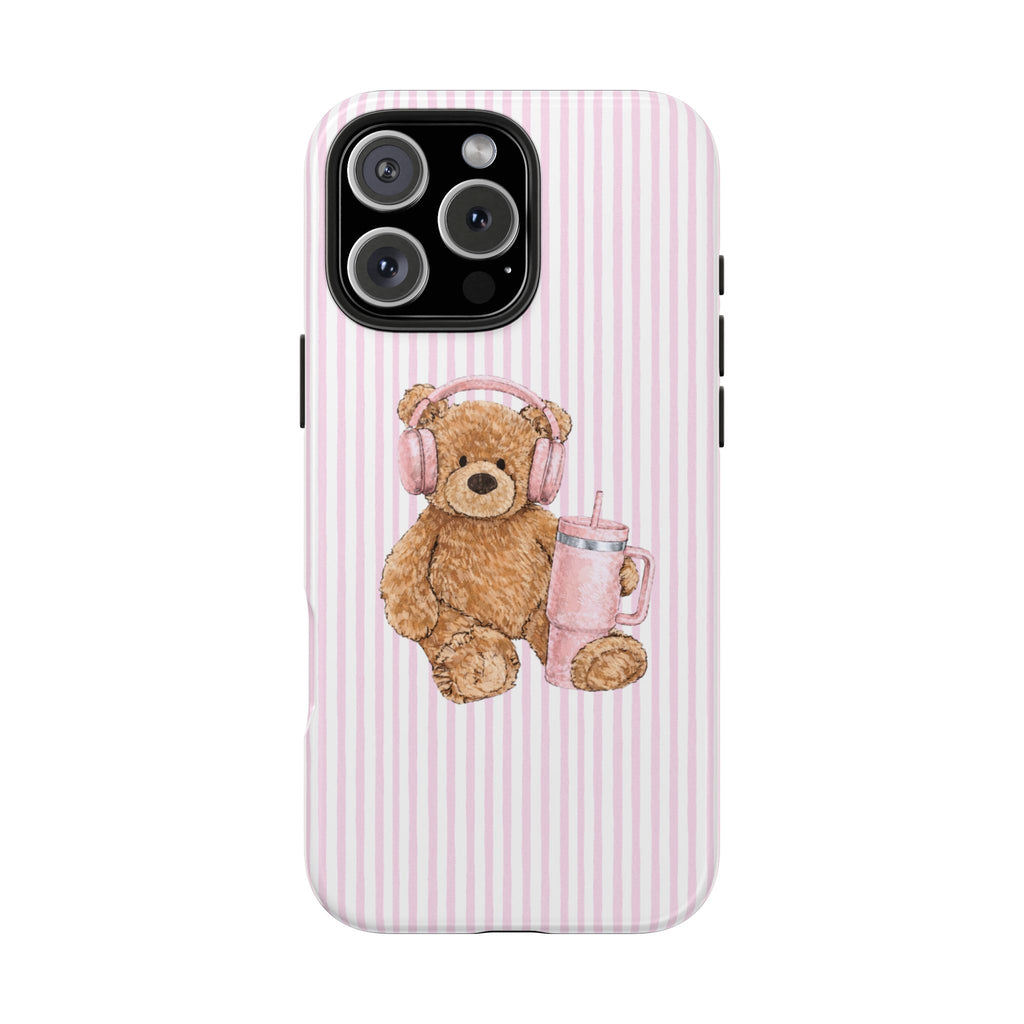 PINK STRIPES TEDDY BEAR ON THE GO PHONE CASE