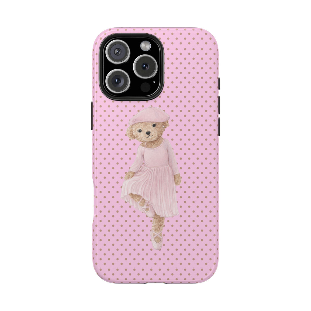 PINK BEIGE COQUETTE POLKA DOTS RL BALLERINA TEDDY BEAR PHONE CASE