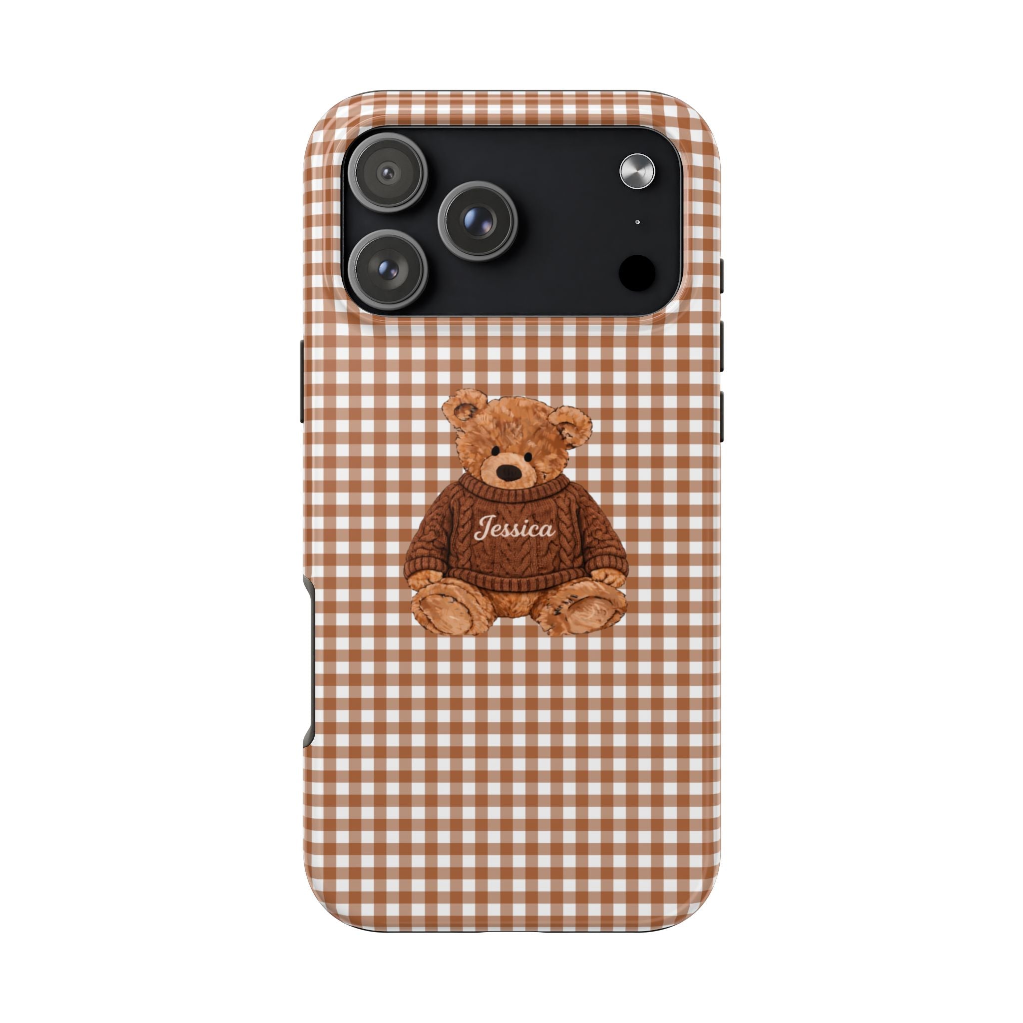 PERSONALIZED BROWN GINGHAM TEDDY BEAR NAME PHONE CASE
