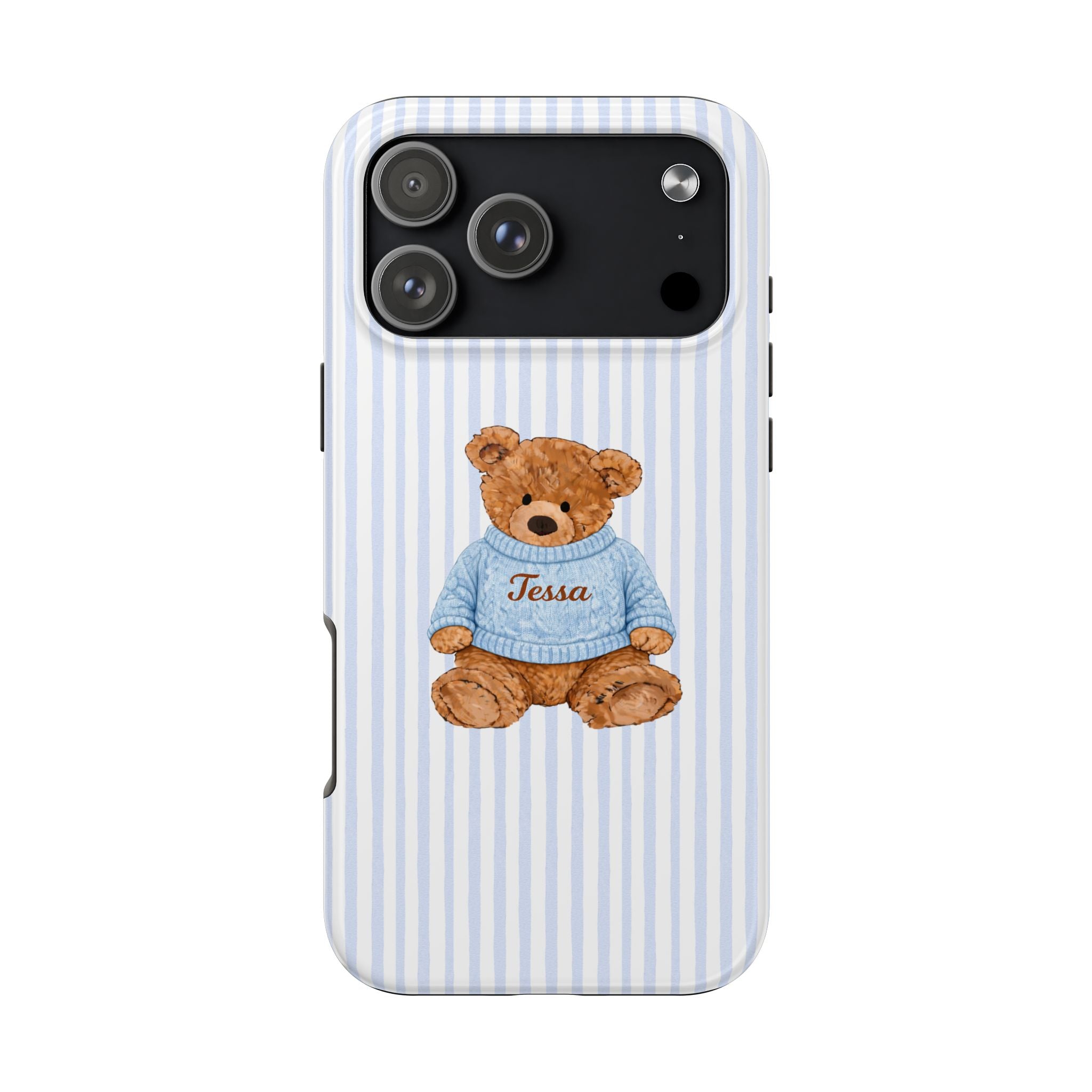 PERSONALIZED BLUE STRIPES TEDDY BEAR NAME PHONE CASE