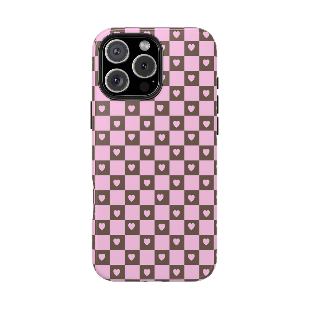 PINK BROWN CHECKERED HEARTS PHONE CASE