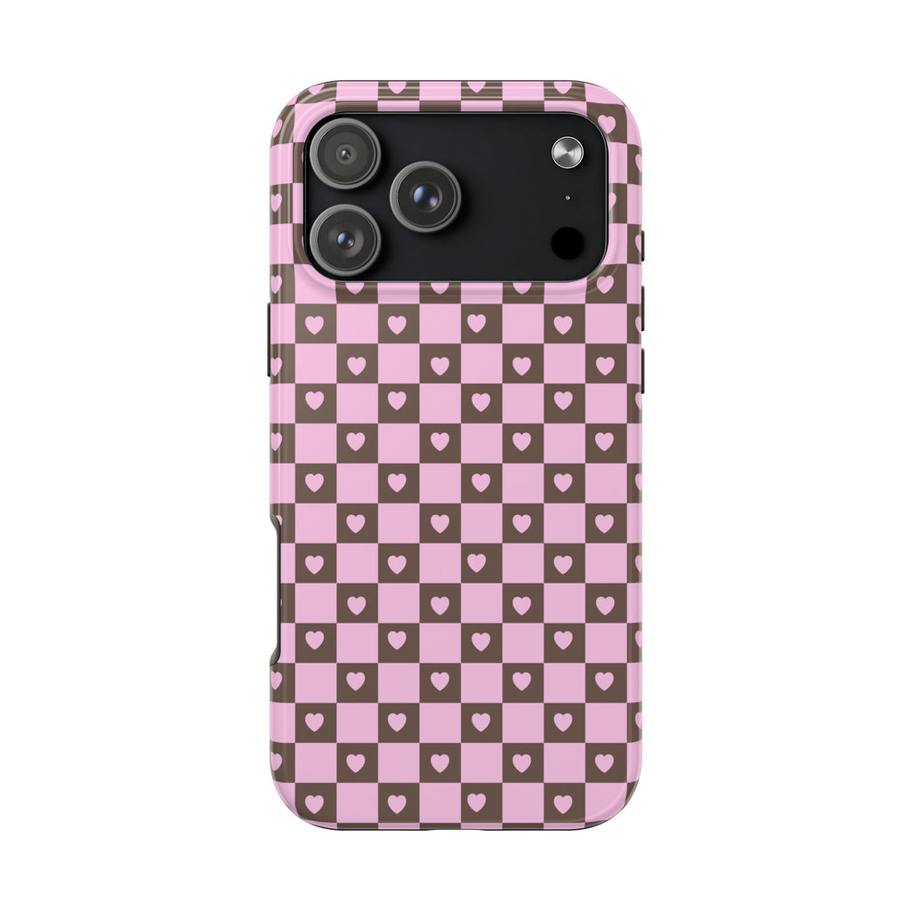 PINK BROWN CHECKERED HEARTS PHONE CASE
