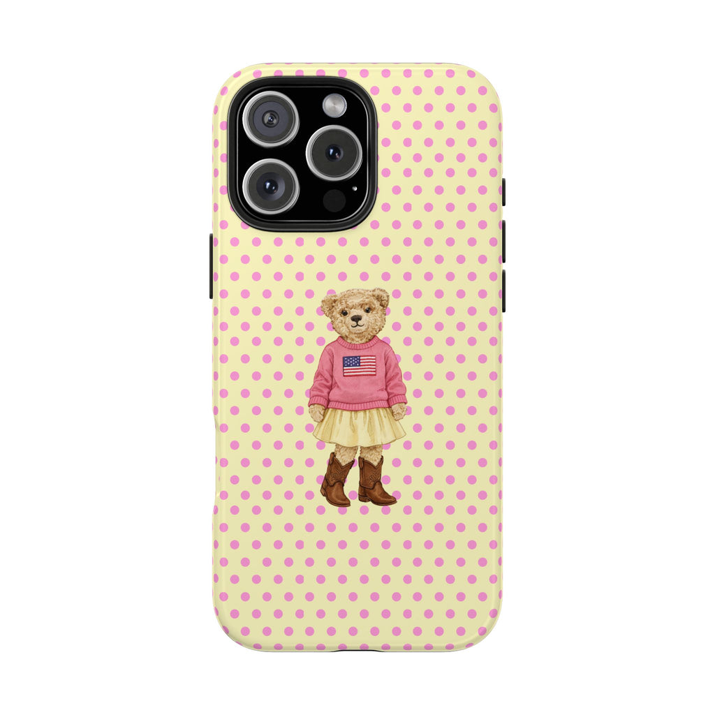 BUTTER YELLOW PINK POLKA DOTS RL GIRL TEDDY BEAR PHONE CASE