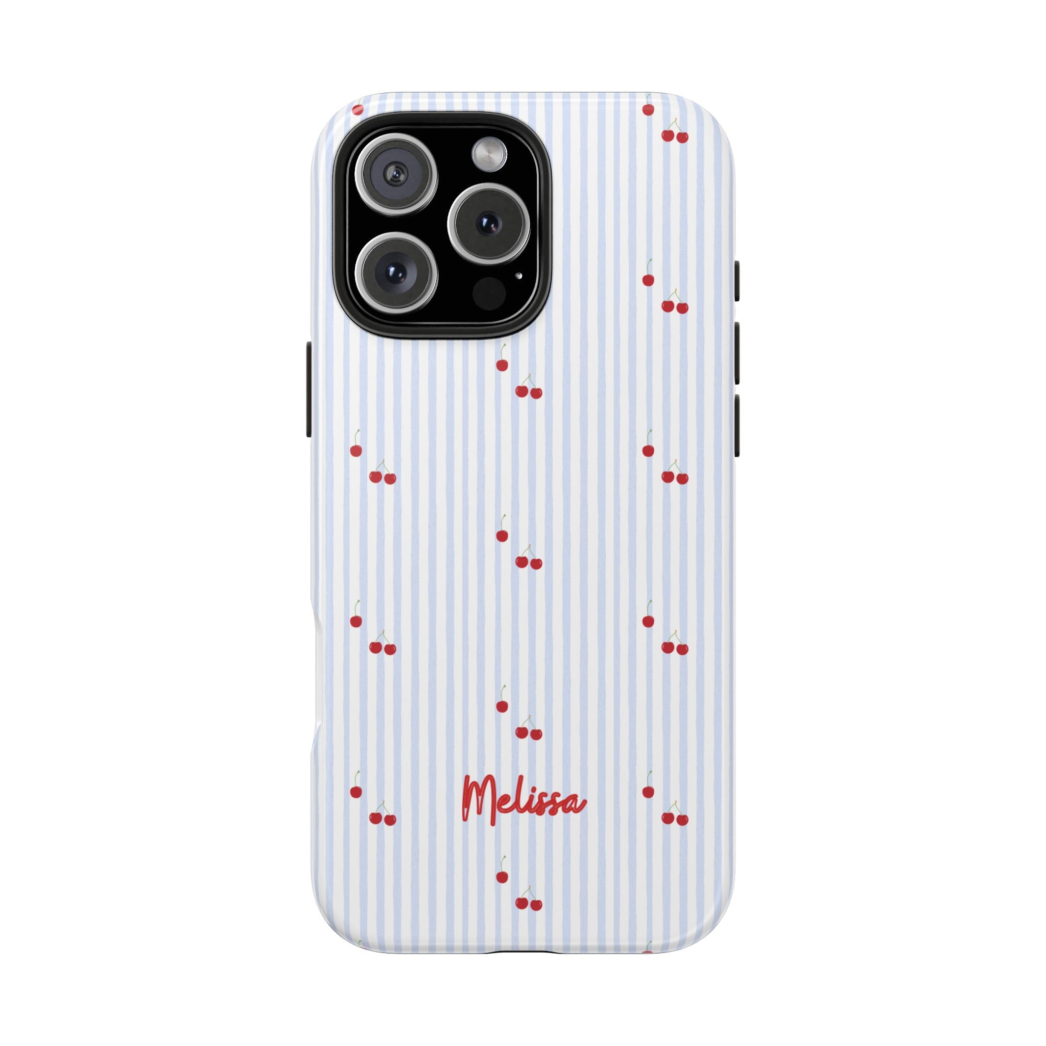 PERSONALIZED NAME CUSTOM BLUE STRIPES CHERRIES PHONE CASE