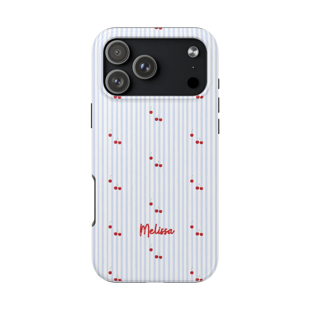 PERSONALIZED NAME CUSTOM BLUE STRIPES CHERRIES PHONE CASE