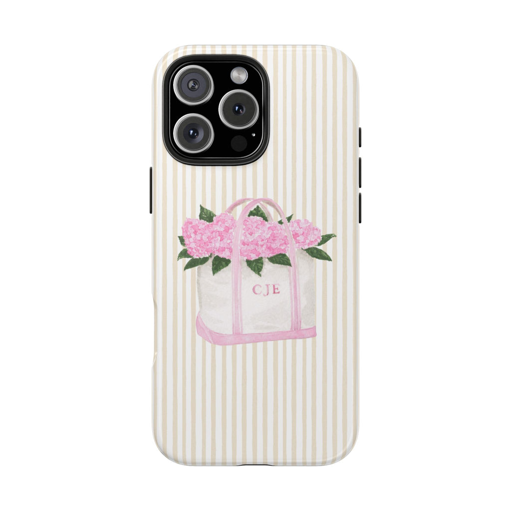 PERSONALIZED CUSTOM INITIALS PINK FLOWER BAG STRIPES PHONE CASE