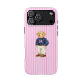 PERSONALIZED CUSTOM VARSITY INITIALS PINK STRIPES RL TEDDY BEAR PHONE CASE