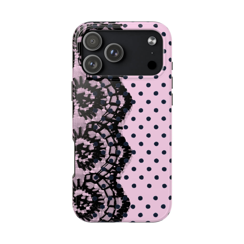 PINK & BLACK LACE POLKA DOTS PHONE CASE