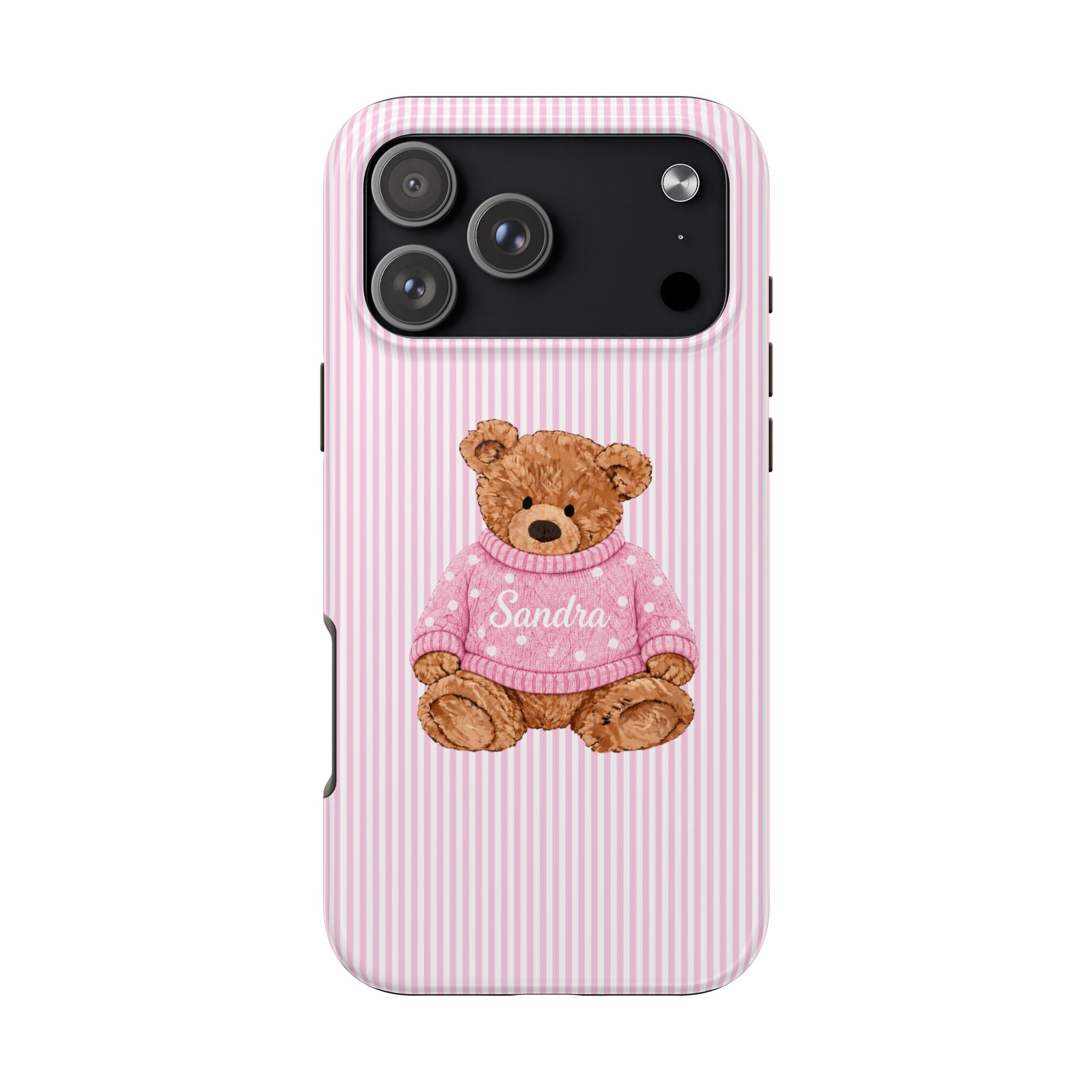PERSONALIZED PINK STRIPES TEDDY BEAR NAME PHONE CASE