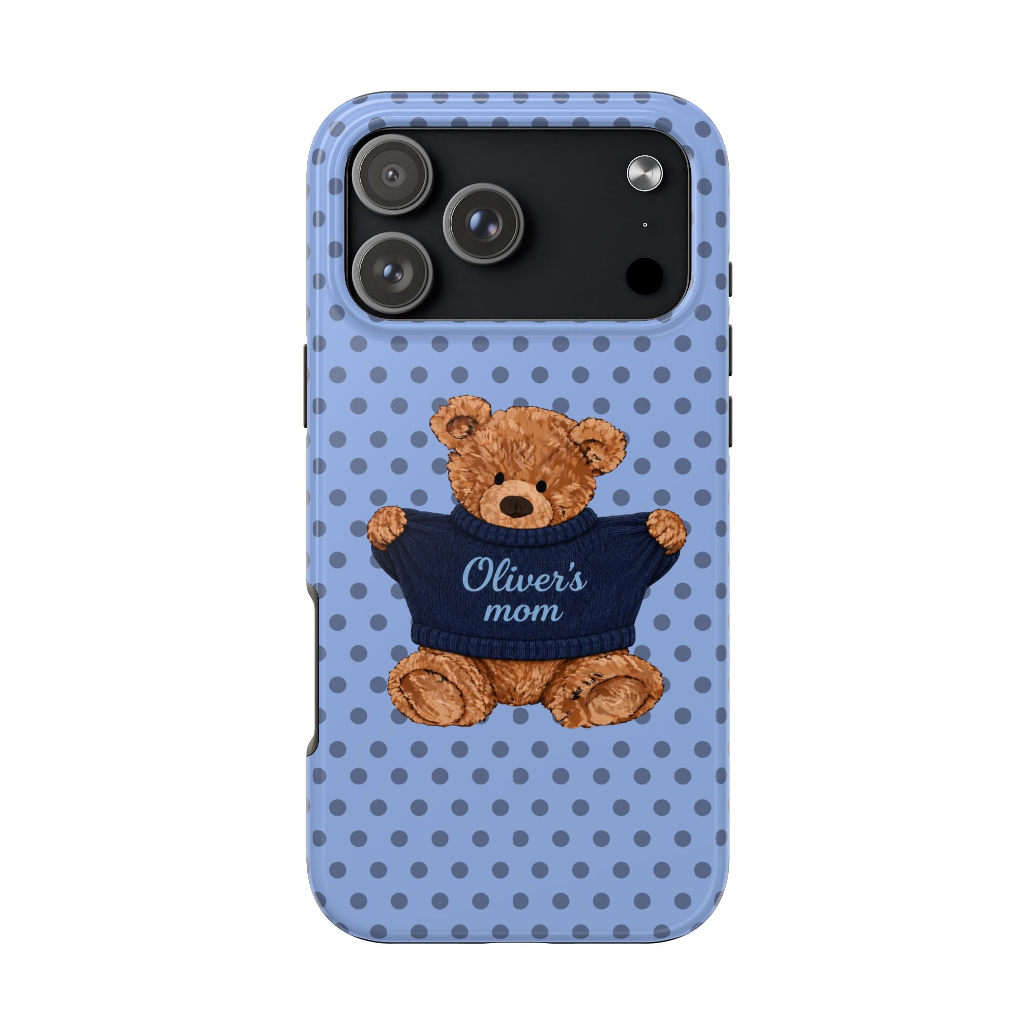 PERSONALIZED BLUE POLKA DOTS TEDDY BEAR NAME PHONE CASE